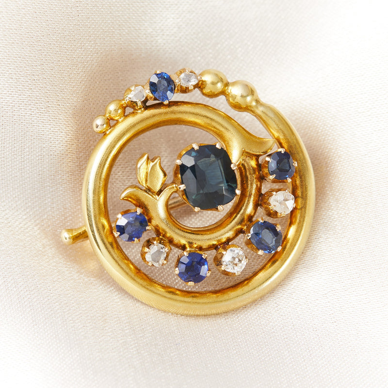 Antique Imperial Russian Gold Sapphire & Diamond Brooch