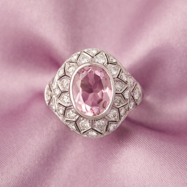 Art Deco Pink Tourmaline & Diamond Bombe Ring