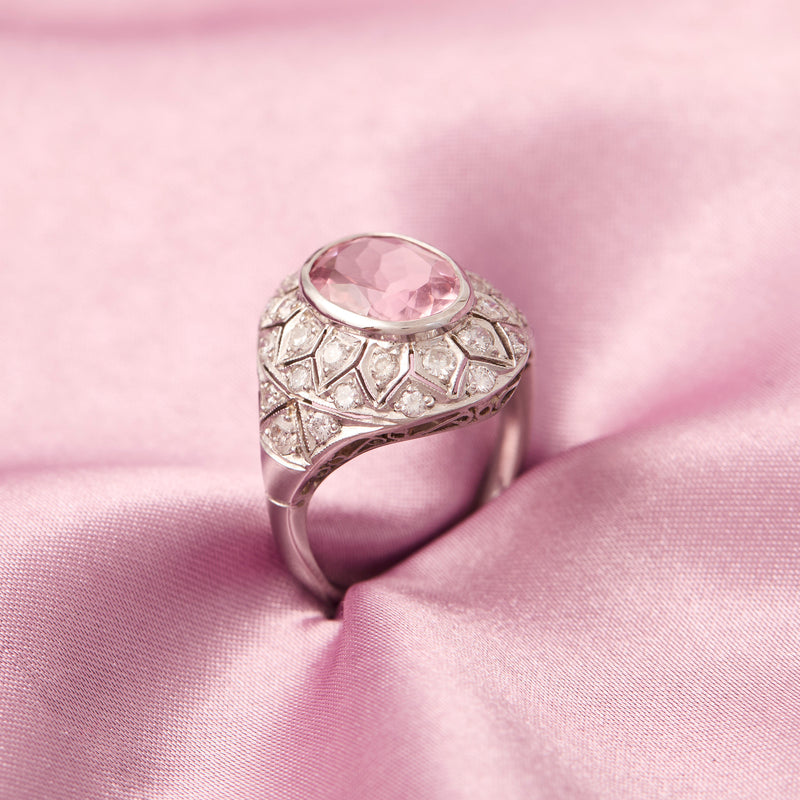 Art Deco Pink Tourmaline & Diamond Bombe Ring