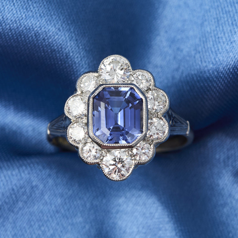 Handmade Ceylonese Sapphire and Diamond Cluster Ring