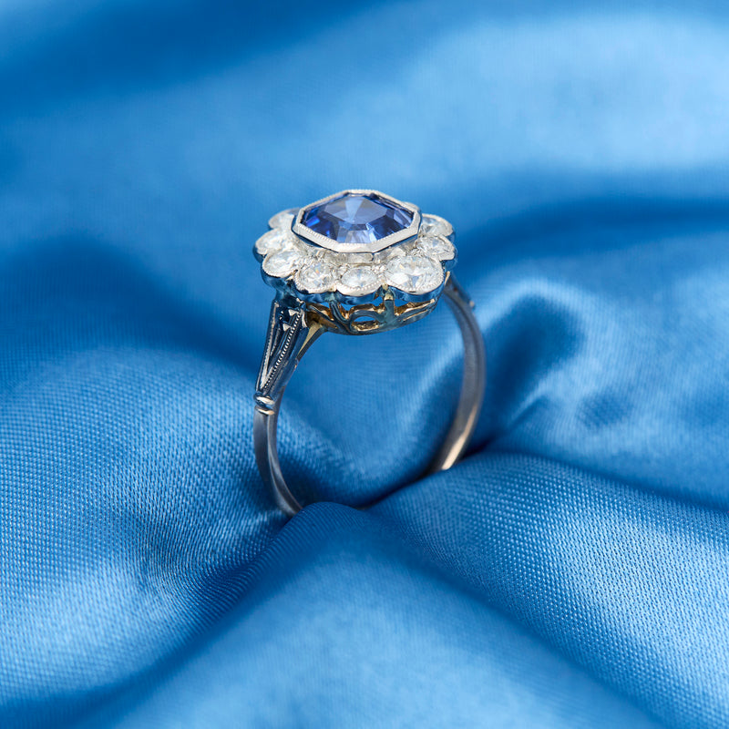 Handmade Ceylonese Sapphire and Diamond Cluster Ring